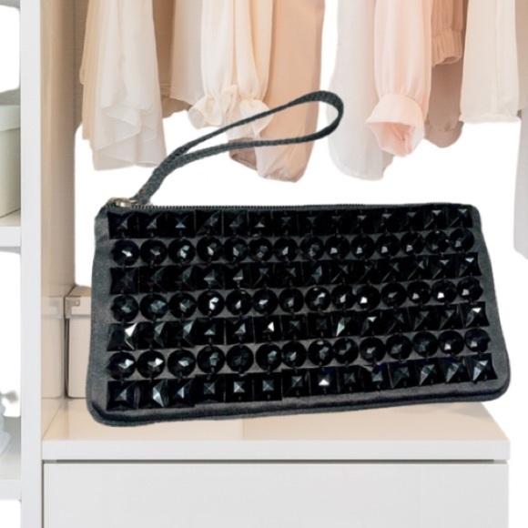 HP🎉Ann Taylor LOFT Black Satin Beaded Clutch Wristlet - Picture 1 of 5